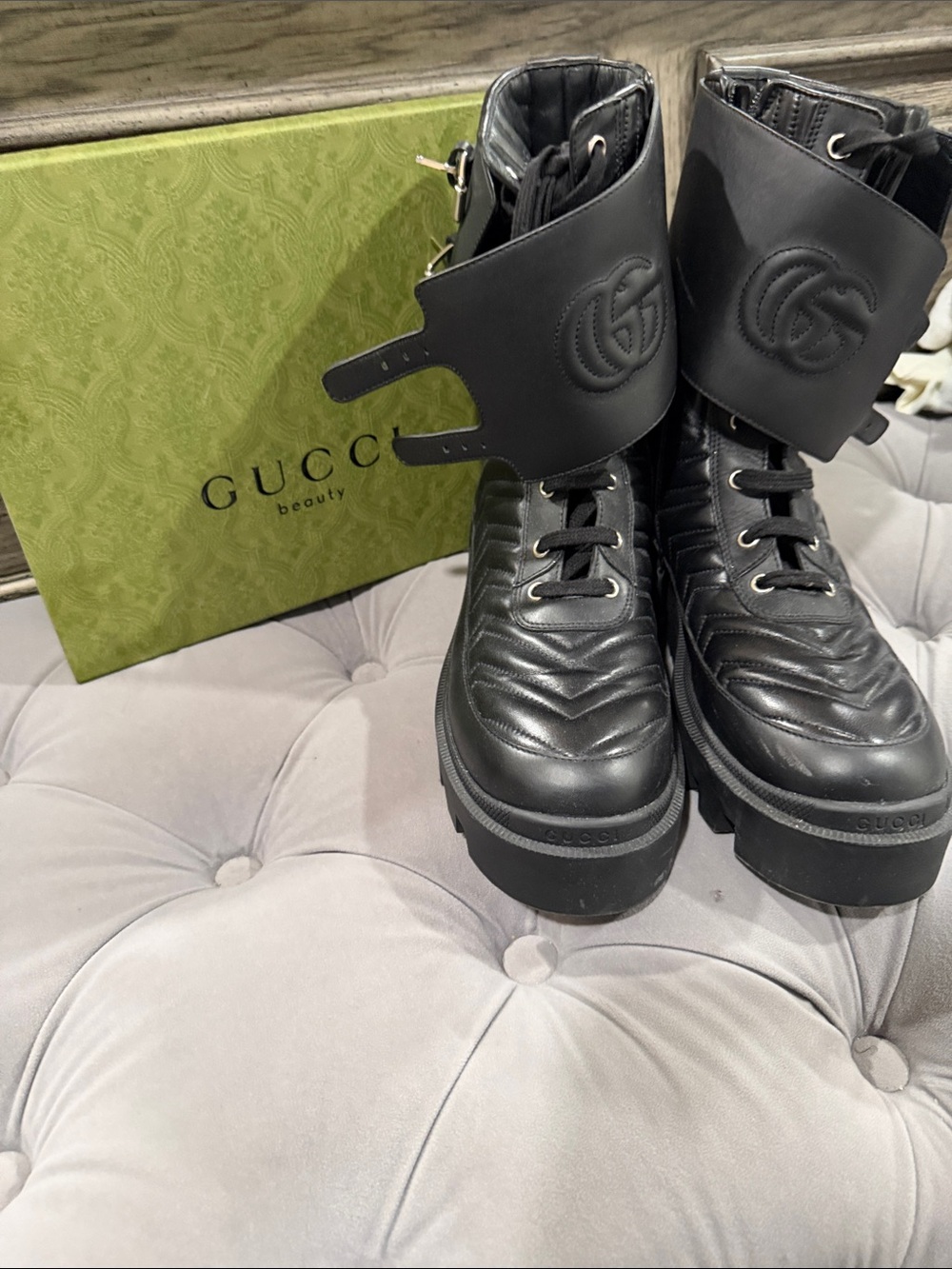 Gucci Black Quilted Leather Lace-Up Platform Boots with GG Cuff Strap